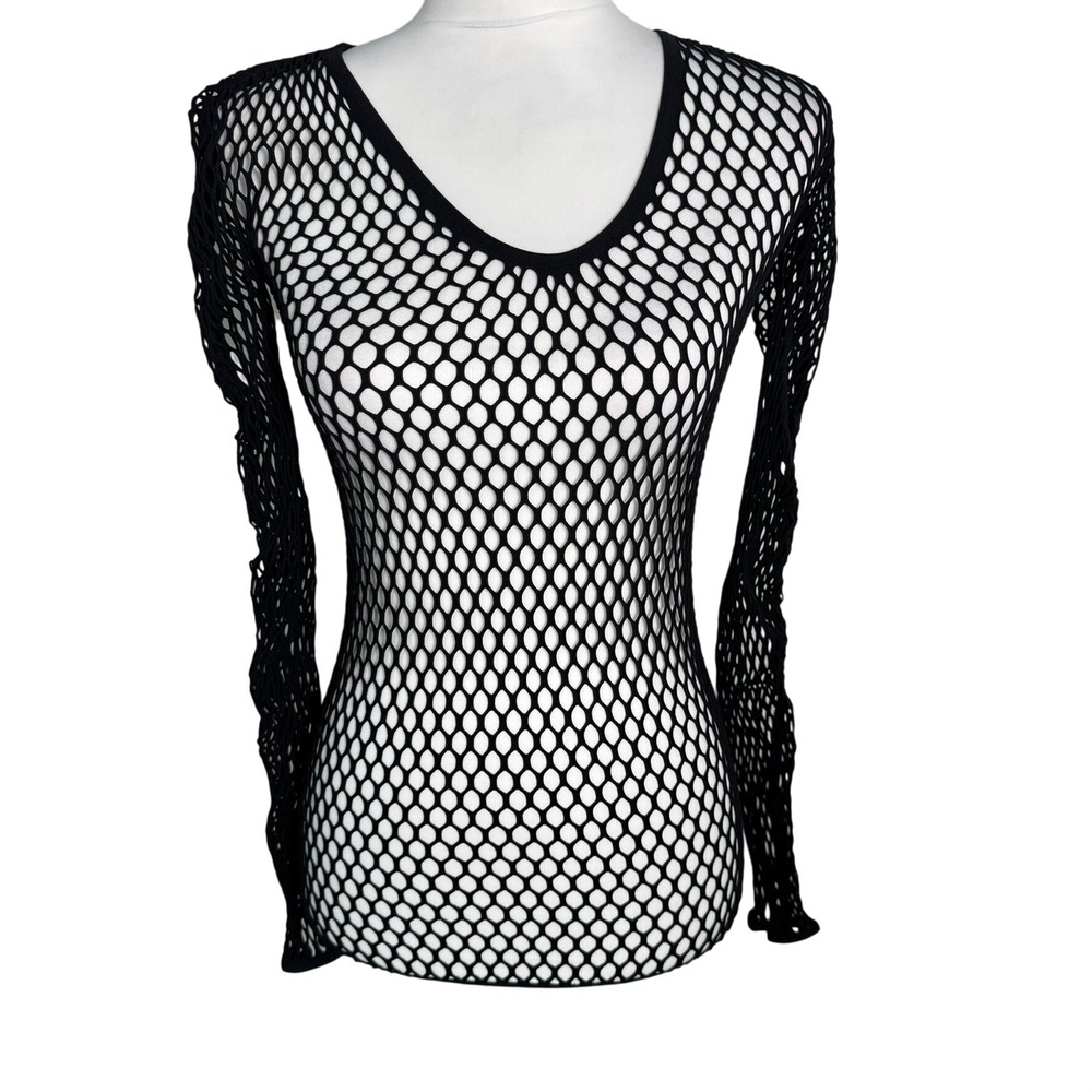 WOLFORD Women's Small Black Fishnet Long Sleeve V-Neck Top Mesh Shirt Goth